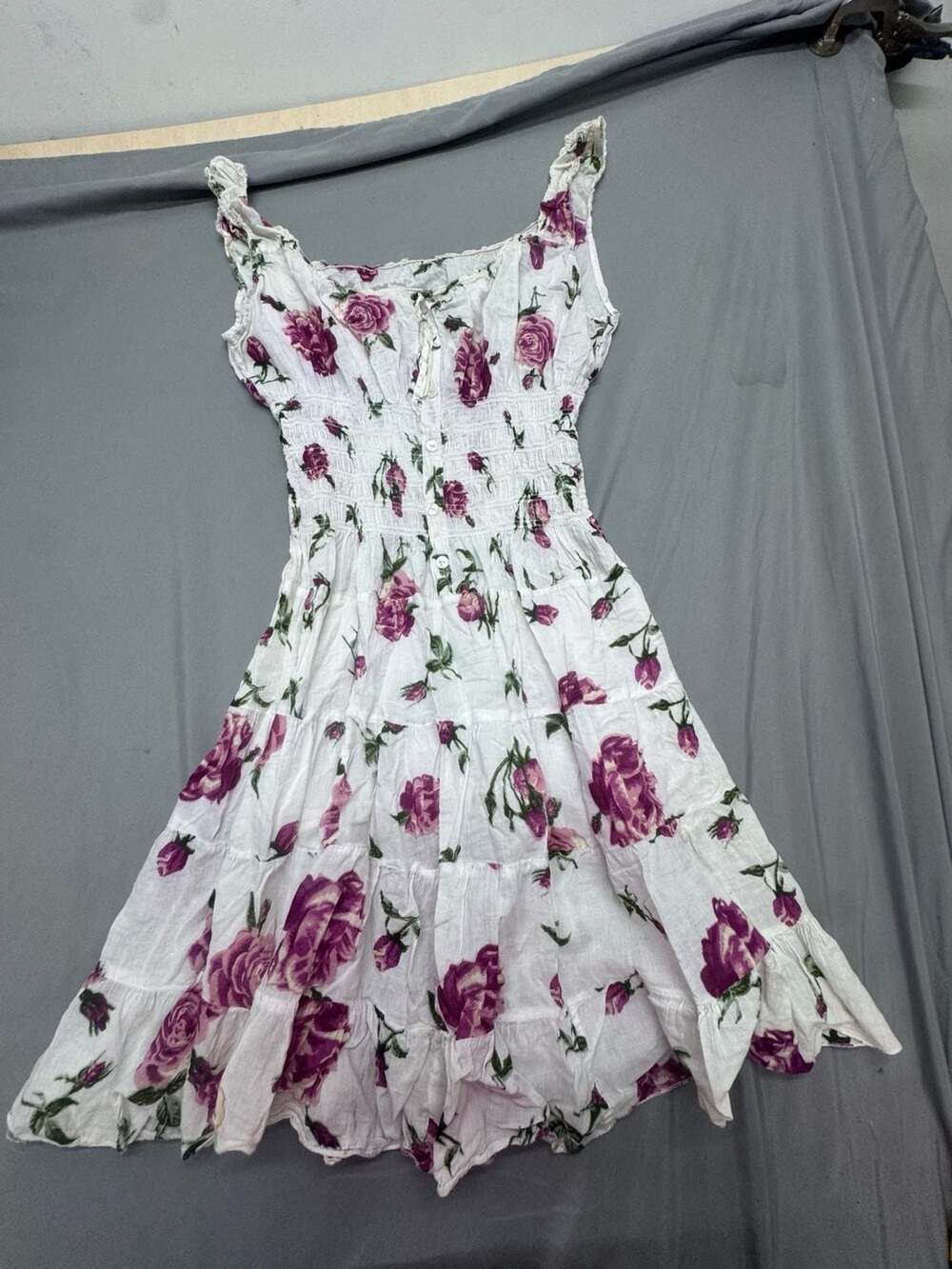 Floral Print Tiered Smocked Sundress White Purple Rose
